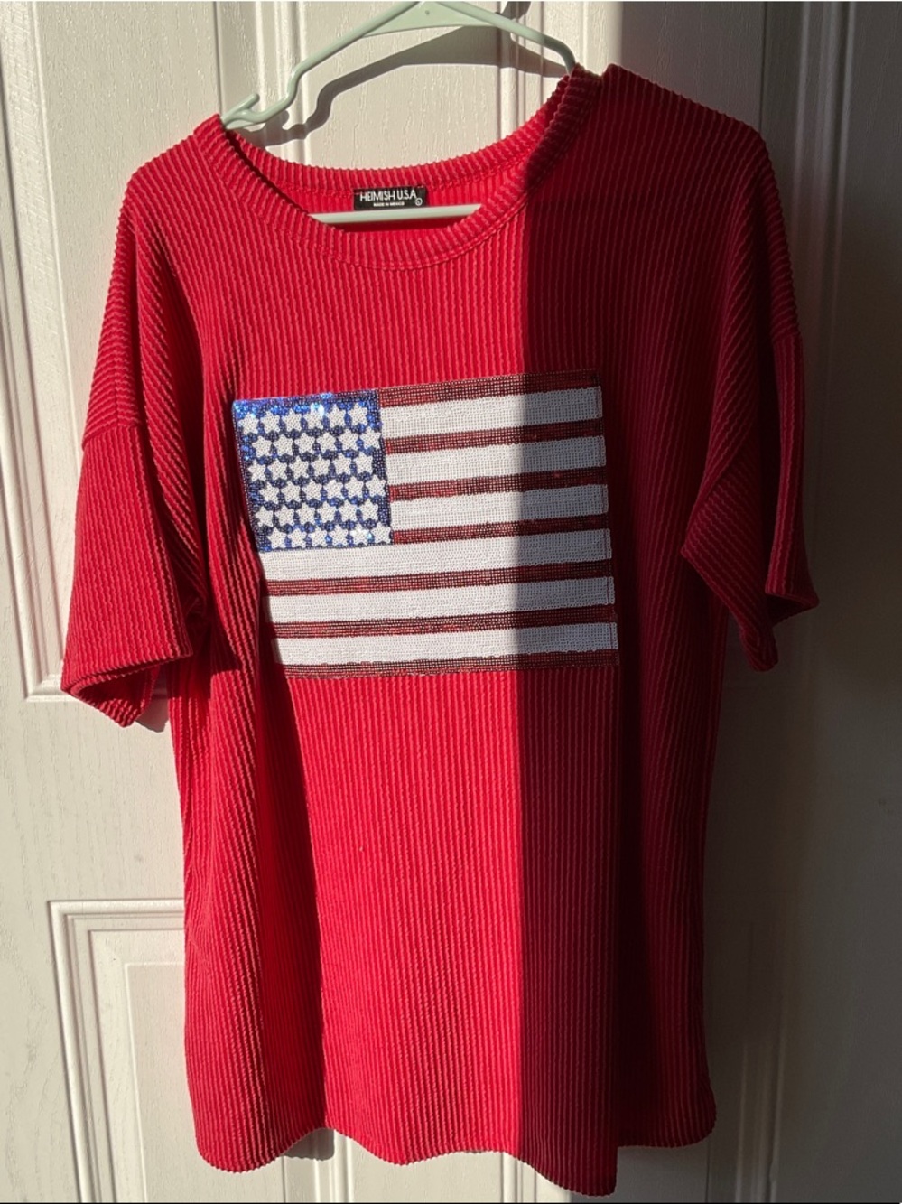 HEIMISH USA Red Ribbed Tee with Flag Patch